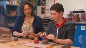 Max Ash and art teacher Mrs. Siftar at the Carroll School (WBZ-TV)